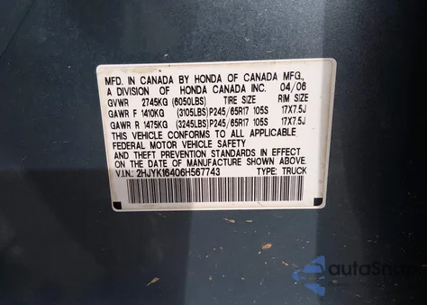 2006 Honda Ridgeline Rts from USA, damaged, VIN 2HJYK16406H567743